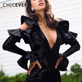 

CHICEVER Vintage Patchwork Ruffles Dresses For Female V Neck Flare Long Sleeve High Waist Hollow Out Slim Women's Dress 2020 New