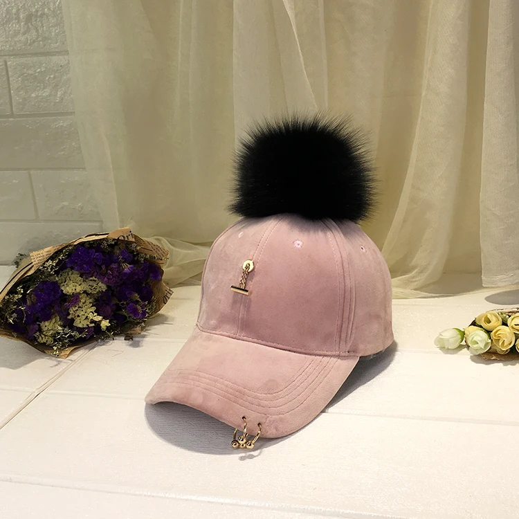 Новая осенняя и зимняя теплая бархатная бейсбольная кепка с железным кольцом натуральный шарик из меха лисы шапка Корея Женская одноцветная мужская шапка