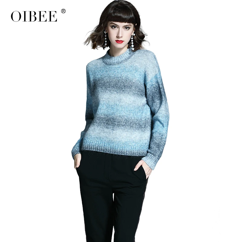 OIBEE2019 Осень Радужный полосатый толстый теплый мохер в длинном абзаце голова Повседневный женский свитер - Цвет: Lake Blue