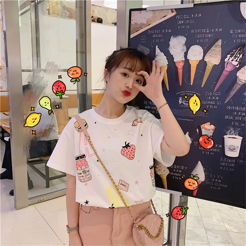 Lychee Harajuku клубника печати свободная женская летняя футболка короткий рукав женская футболка вырез лодочкой женские футболки