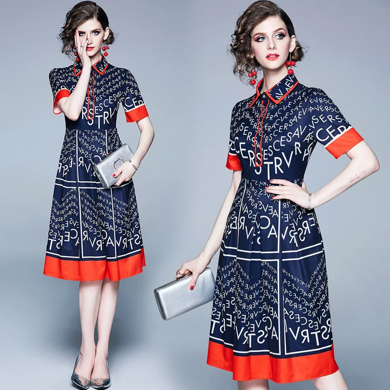 

Photo Shoot 2019 Summer Wear New Style Printed Letter Mixed Colors Waist Hugging Slimming Europe And America Fashion Dress
