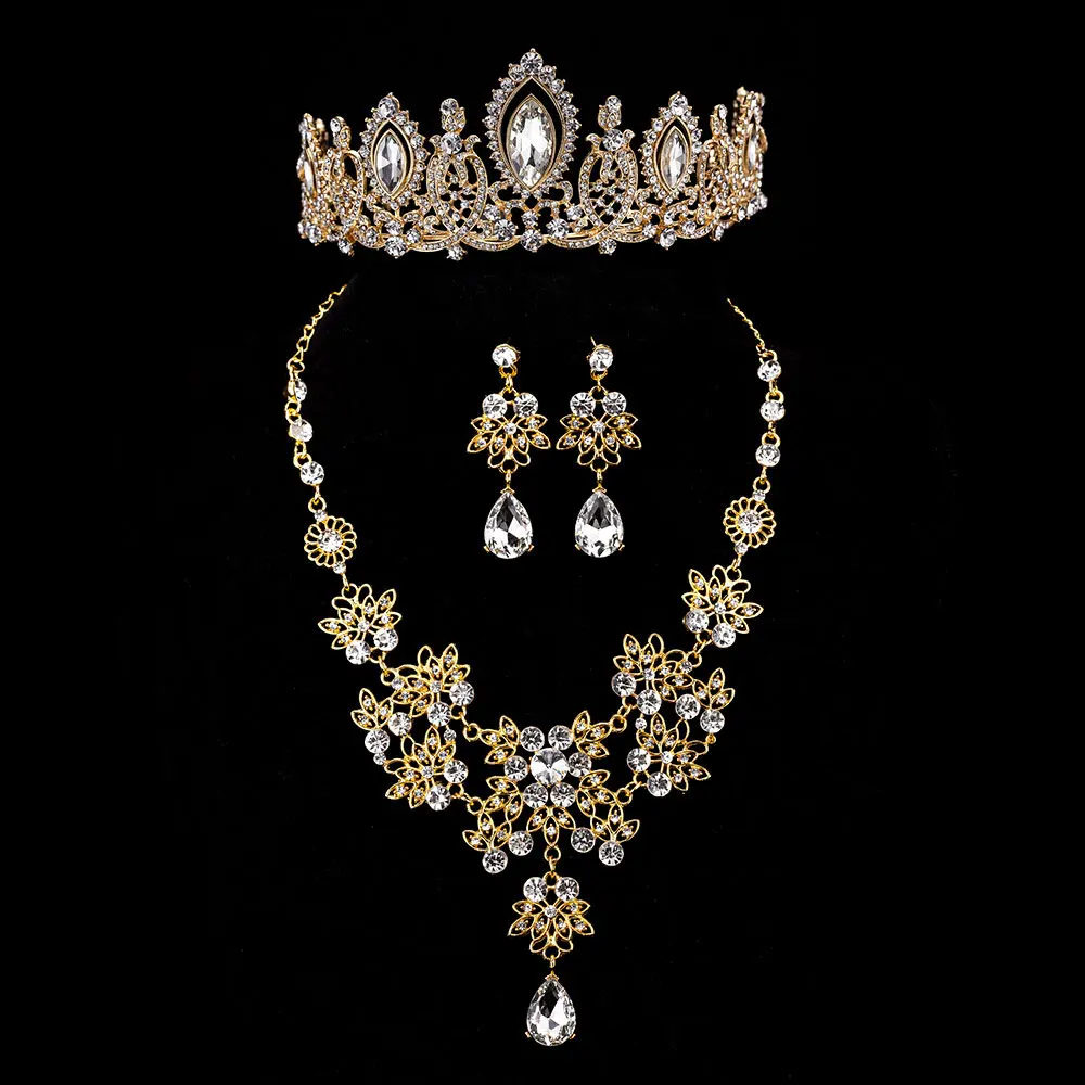 

KMVEXO 3PCS Luxury Water Drop Crystal Bridal Jewelry Sets Wedding Crown Tiaras Earrings Necklace Set African Beads Jewelry Set