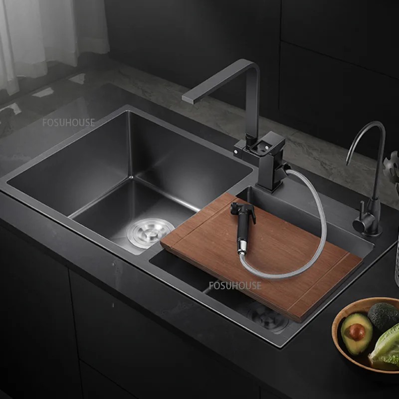 German Black Kitchen Sink Double Nano Kitchen 304 Stainless Steel Sink Home Improvement Wash Basin Accessories