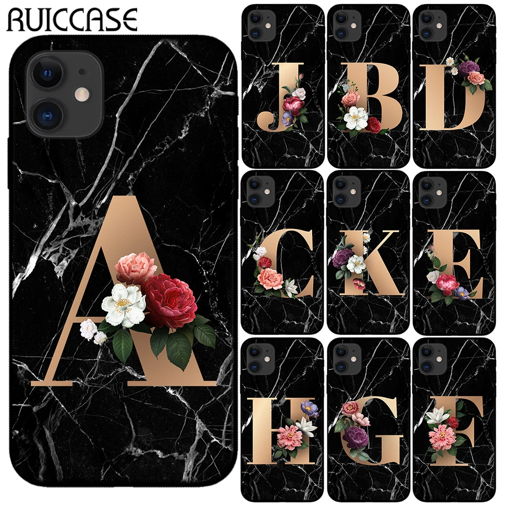 Заказной заказной оригинальный черный силиконовый чехол с мраморными цветами