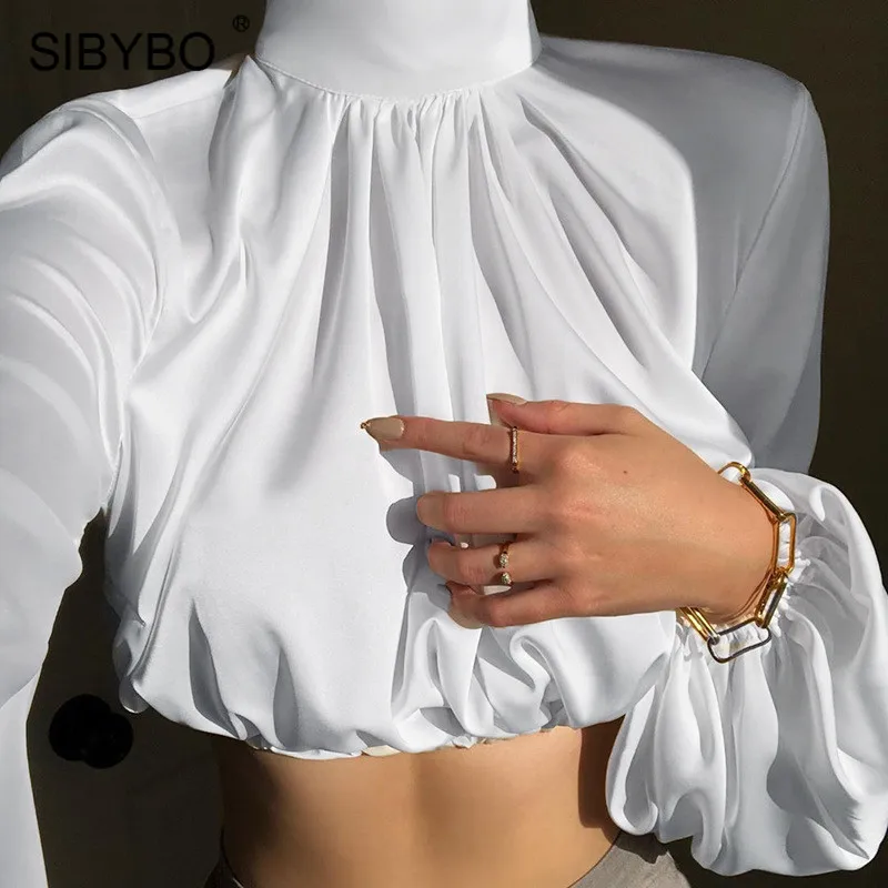 SIBYBO, сатиновая водолазка, тонкая сексуальная футболка, Женская Весенняя мода, рукав-фонарик, укороченный топ, Женская однотонная Повседневн... SIBYBO, сатиновая водолазка, тонкая сексуальная футболка, Женская Весенняя мода, рукав-фонарик, укороченный топ, Женская однотонная Повседневн...