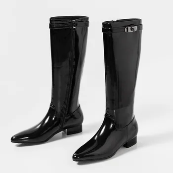 

brand designer patent leather knee high boots for women platform rain boots low thick heel all matched riding winter snow boots
