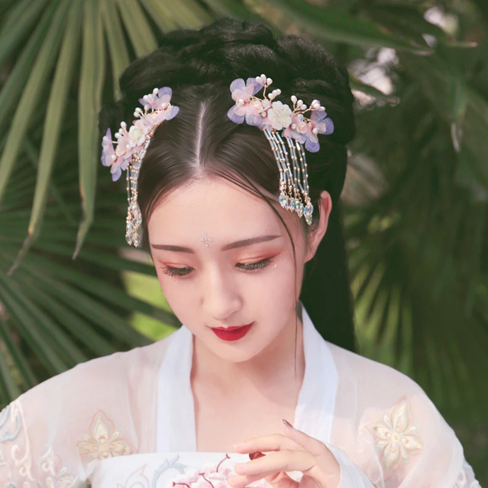 Винтажный стиль вишневый цвет заколки для волос с кисточкой шпилька Hanfu Китайский традиционный головной убор ручной работы заколки для волос