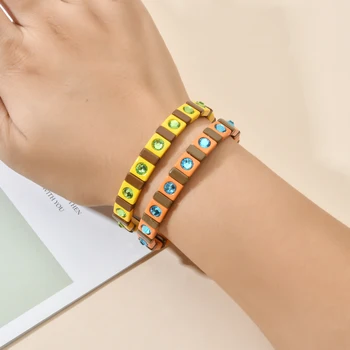 

Luxury Trendy Friendship Bracelet Rainbow Multicolor Crystal Elastic Bracelet Enamel Stretch Glass Tile Beads Bracelet For Women