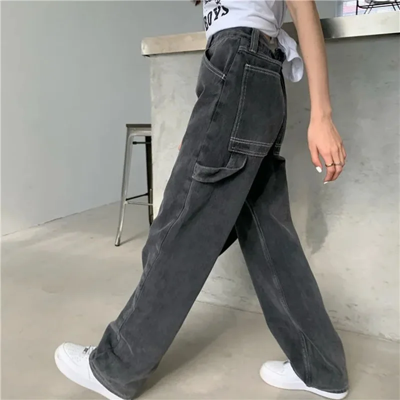 Pantalones vaqueros de pierna ancha para mujer, ropa vaquera de cintura alta negra, ropa de calle azul, Pantalones rectos Harajuku de calidad Vintage