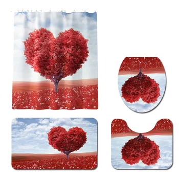 

4 Pcs Bathroom Set Waterproof Shower Curtain Toilet Cover Mat Non Slip Rug Set