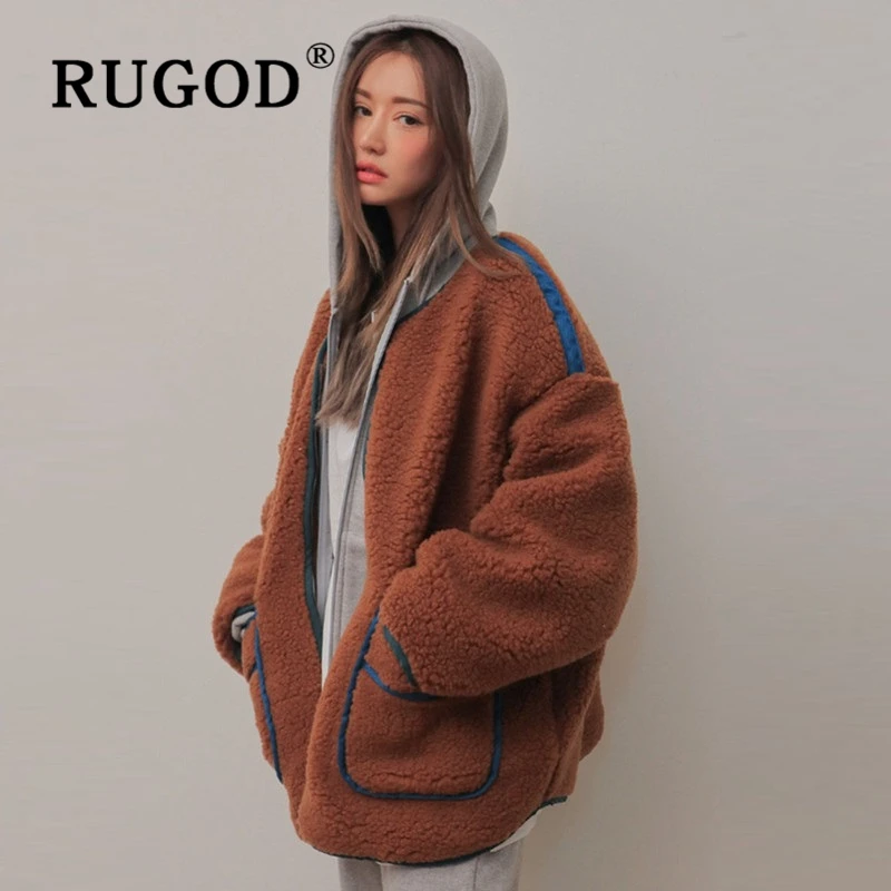 RUGOD, элегантное, однотонное, плюшевое, Осень-зима, пальто для женщин, корейский стиль, свободный, флис, утолщенные куртки, верхняя одежда для женщин,, свободное, негабаритное пальто