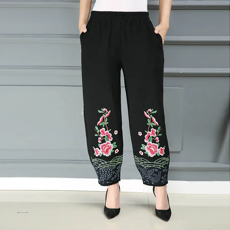 

High waist Pants Women Plus size Baggy Pants Loose Black Cotton Linen Embroidery Ladies Trousers Casual