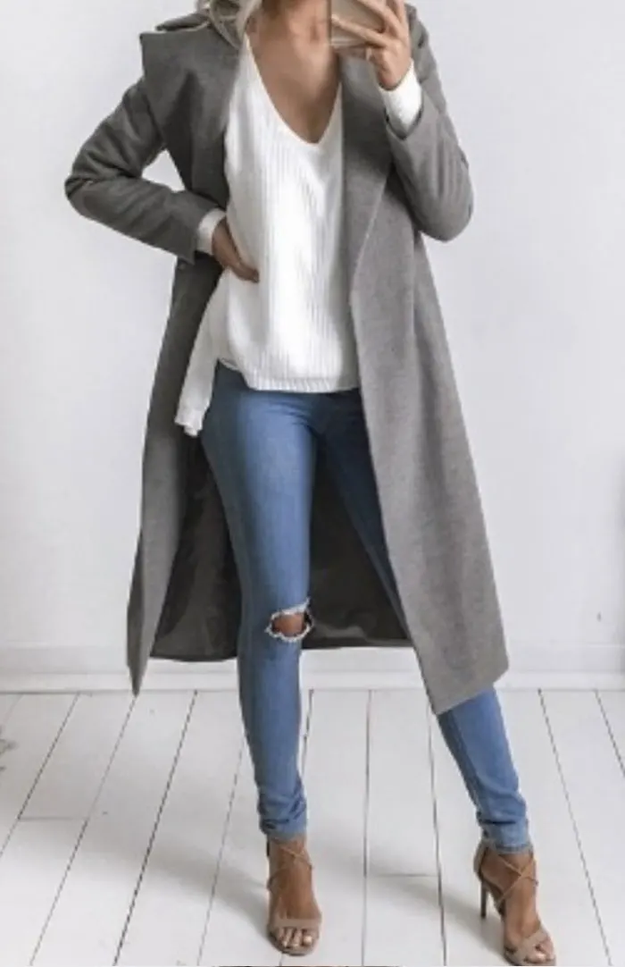 Зимнее женское пальто повседневное с отворотом воротник открытая стежка шерстяное Женское пальто Модное теплое с карманом однотонное Большие размеры длинная верхняя одежда