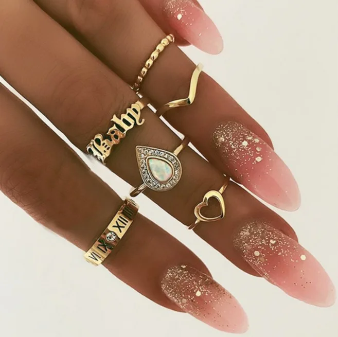 6pcs-set DIEZI, разные стили, богемный стиль, винтажный набор колец на сустав пальца для женщин, стразы, капля воды, звезда, цветок, кольца на палец, ювелирные изделия - Цвет основного камня: 6pcs-set