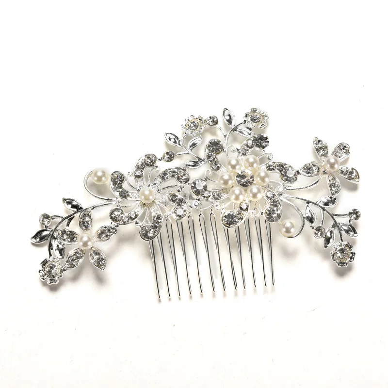 Floral Wedding Tiara Sparkling Hairpin Hair Styling Accessories Silver Plated Crystal Simulated Pearl Bridal Hair Combs