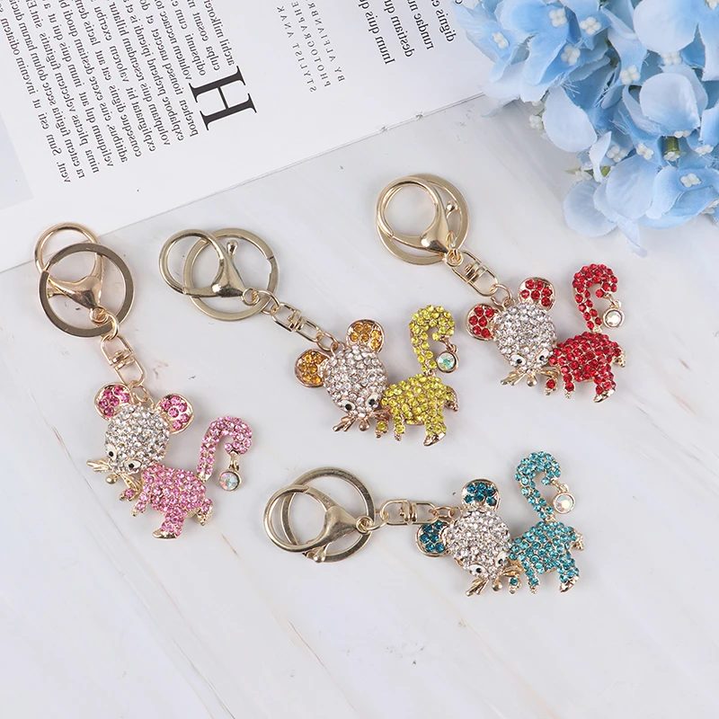Lovely Blue Pink Red Yellow Rat Mouse Keychain Rhinestone Crystal Pendant Charm For Handbag Purse Bag Carkey Gift