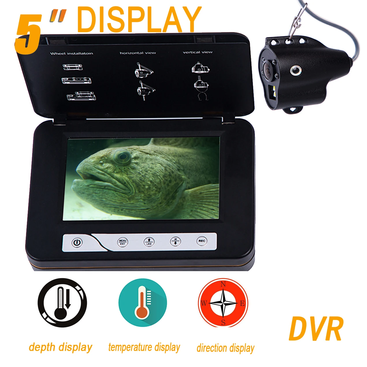 

WF15 30M Fish Finder with DVR , Underwater Ice Fishing Camera with 5" LCD Monitor DVR Temperature,direction,depth Display
