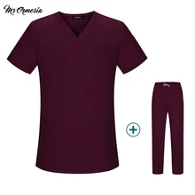 Медицинский скраб-топ с v-образным вырезом хлопок винно-красный принт хирургическая медицинская форма больница Медсестры скраб-Топ s и брюки униформа
