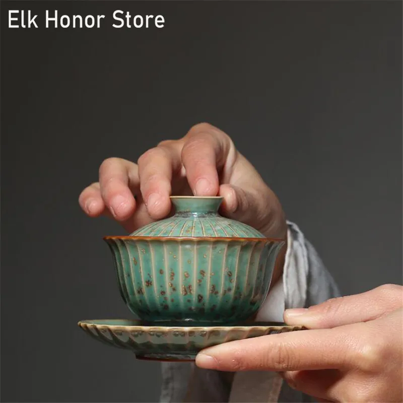 

100ML Japanese Style Retro Green Kiln Fambe Coarse Pottery Gaiwan Temmoku Glaze Ceramic Kung Fu Tea Tureen Tea Bowl Drinkware