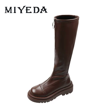 

Long Mid-calf Boots Female Platform Front Zipperblack Brown Leather Round Toe Comfortable All-match Leather Women Chunky Boots