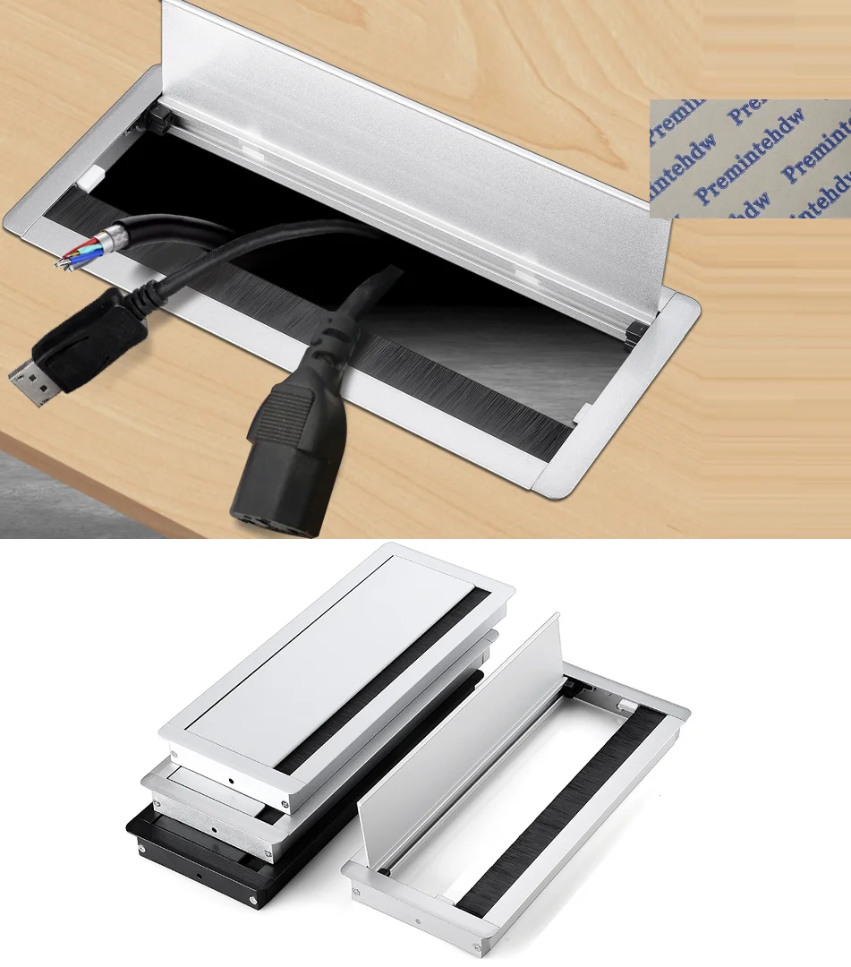 

300mm 400mm Long Sanding White Black Rectangle Aluminum Office Table Desktop Cable Cord Grommet Soft Buffer Flap Cover Brush