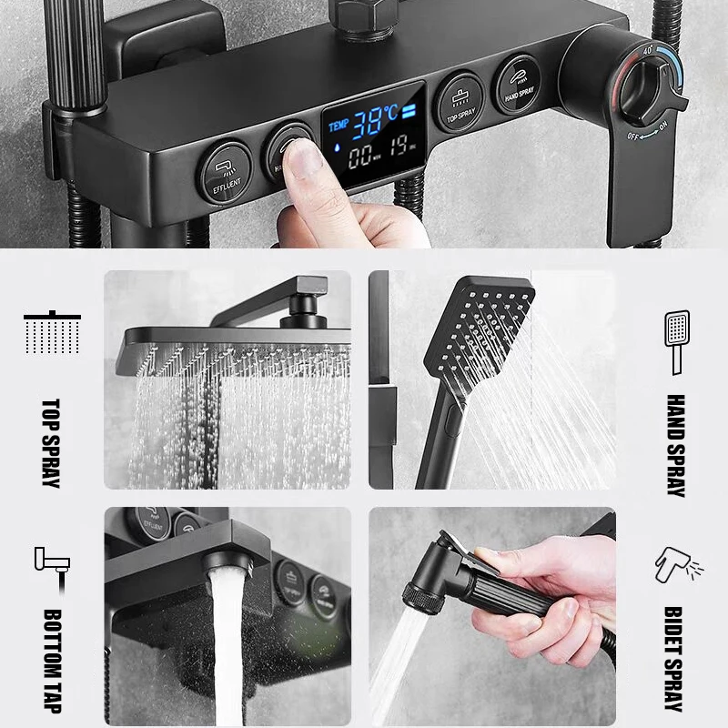 Black Shower Set Bathroom Thermostatic Digital Shower Sets System Wall Mounted Square Head SPA Rain Bath Tap Luxury Brass Faucet
