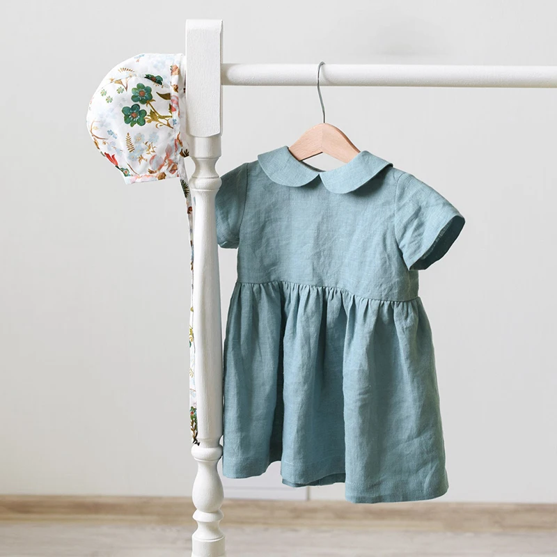 Children Linen Doll Collar Baby Princess Dress Girls Clothing Spring And Summer Short-Sleeve Dress TZ01