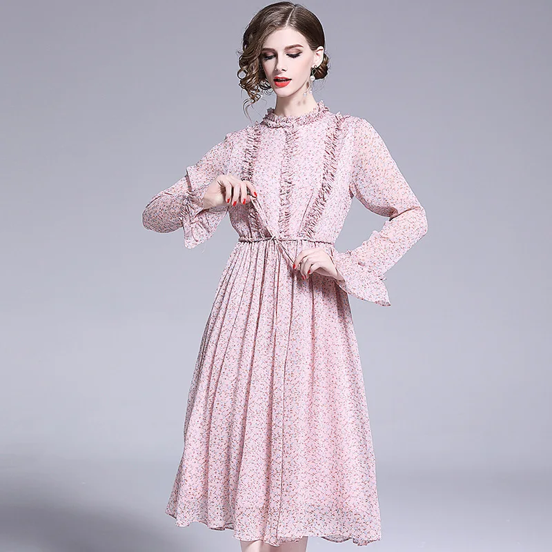 

2020 Autumn Winter Dress New Female Temperament Style Age-Reducing Trumpet Sleeve Small Floral Loose Lotus Leaf Chiffon Dress