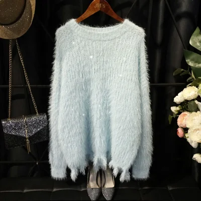 Cakucool, Женский Блестящий свитер из люрекса, шикарный, свободный, розовый, Круглый ворот, Корея, свитера, рваные, с дырками, осень, весна, большие, джемперы для девушек - Цвет: light blue
