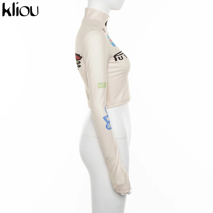 Kliou, высокое качество, модный принт, бодикон, мягкий Тройник, короткий топ, весна, новинка, длинный рукав, Повседневный, эластичный, harajuku, уличная одежда для женщин
