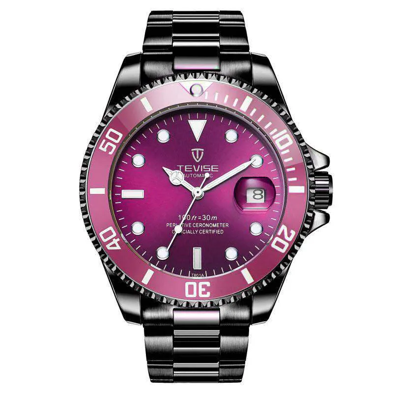 Black Steel-Purple Tevise автоматические механические Diver спортивные роскошные часы стальной бренд водонепроницаемые светящиеся Бизнес наручные часы Relogio Masculino - Color: Black Steel-Purple