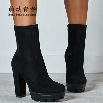 

Women Boots Pumps Platform Chunky Heels Round Toe Ankle Boots Mujer Sexy Ladies Zip Increase High Heeled Boots Women Size 35-42