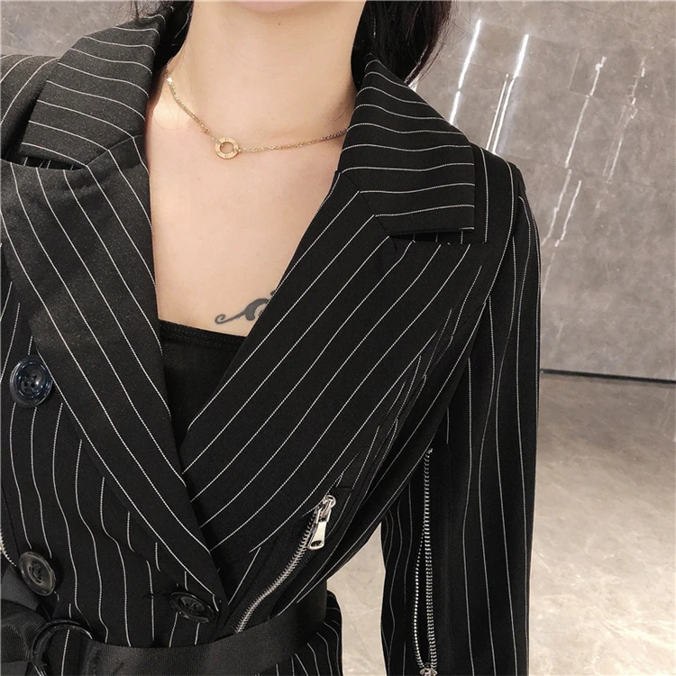 Price Control 77 Yuan Autumn And Winter WOMEN'S Dress Autumn Clothing Long Sleeve Zipper Double Breasted Stripes Mid-length