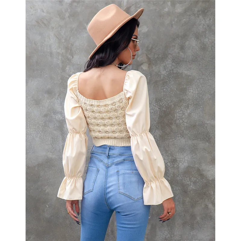 New Women's Puff Sleeve Knit Top Long Sleeve Round Neck Short T-shirt Sexy Casual Pullover Party Clothing Street Wear