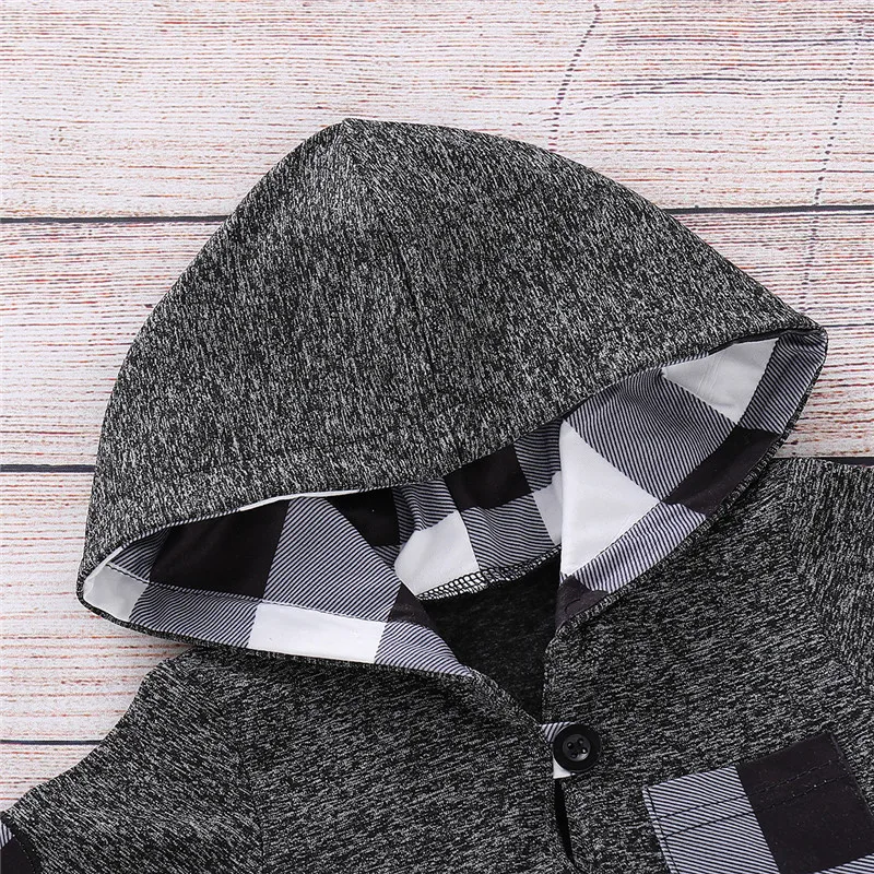 Long Sleeve Baby Boys Hoodies Clothes Winter Set 2Pcs Gray Plaid Hooded Tops+Pants Newborn Clothes Infant Baby Clothing D30