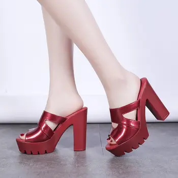 

pu women platform slippers summer beach sandals open toe high heels square heel slippers women summer red black