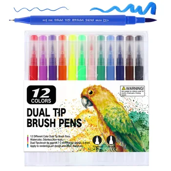

12 color soft head watercolor pen set Double-headed marker pen cheap students can be washed watercolor brush pen
