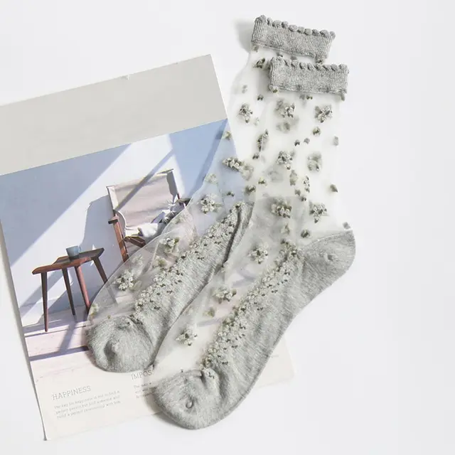 Fashion Elastic Socks Crystal Glass Silk Ultrathin Lace Literary Sale 1 Pair Summer Transparent Jacquard Short Socks grey