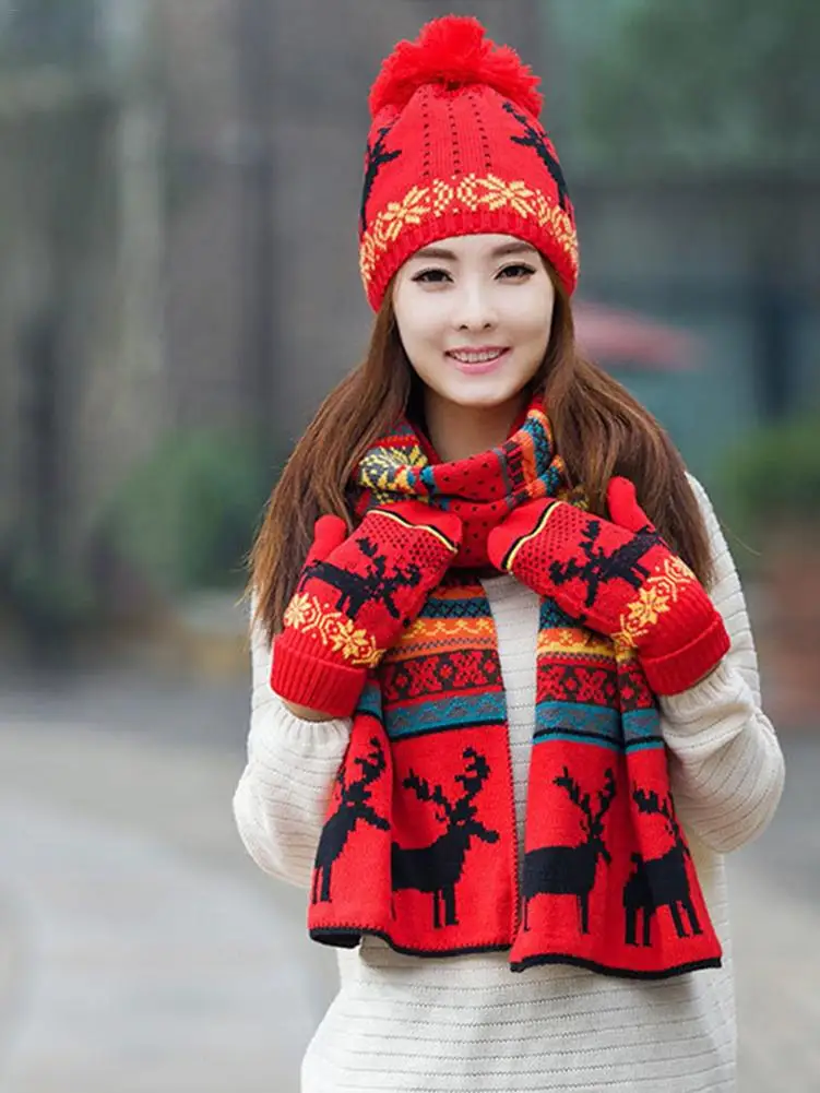 Winter Caps Knit Thick Wool Lining Warm Christmas Gift Reindeer Thick Hat Scarf Glove Sets For Women Or Girl 3pcs Warm Set