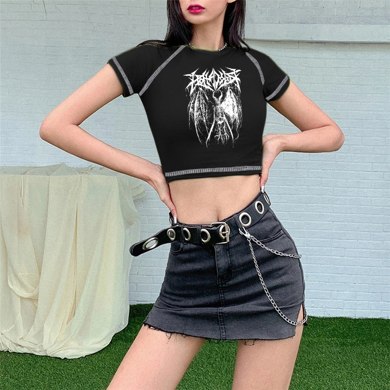 Women's T-shirt Harajuku Y2K crop Top Harajuku Retro Korean Black Demon Punk Gothic Anime Print Clothes Slim anime