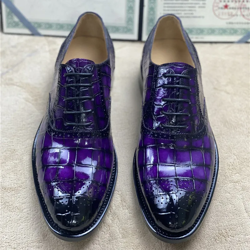 

Authentic Crocodile Belly Skin Purple Color Men's Brogue Shoes Genuine Alligator Leather Handmade Male Lace-up Party Dress Shoes
