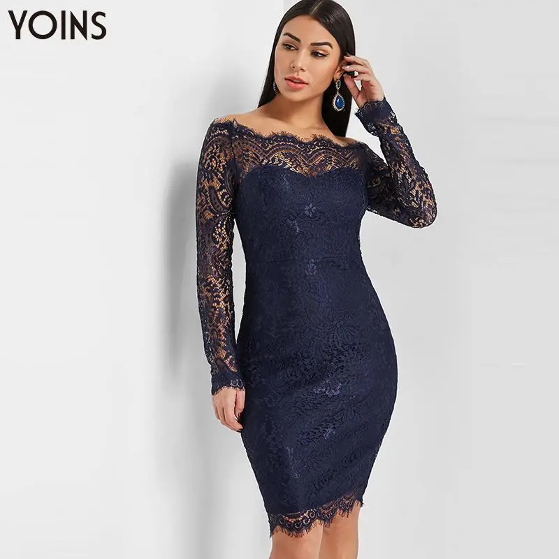 

YOINS 2019 Women Sexy Party Dress Bodycon Lace Off Shoulder Zipper Back Long Sleeves Female Elegant Knee-Length Dresses Vestidos