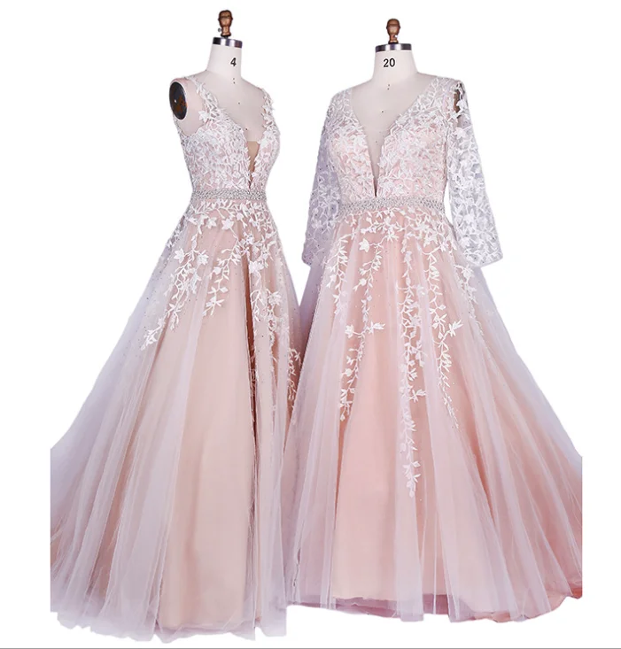 

Light pink Evening Dress 2020 New different color luckgirls V-neck pleated beaded long Customizable fashion Moncini Tailor