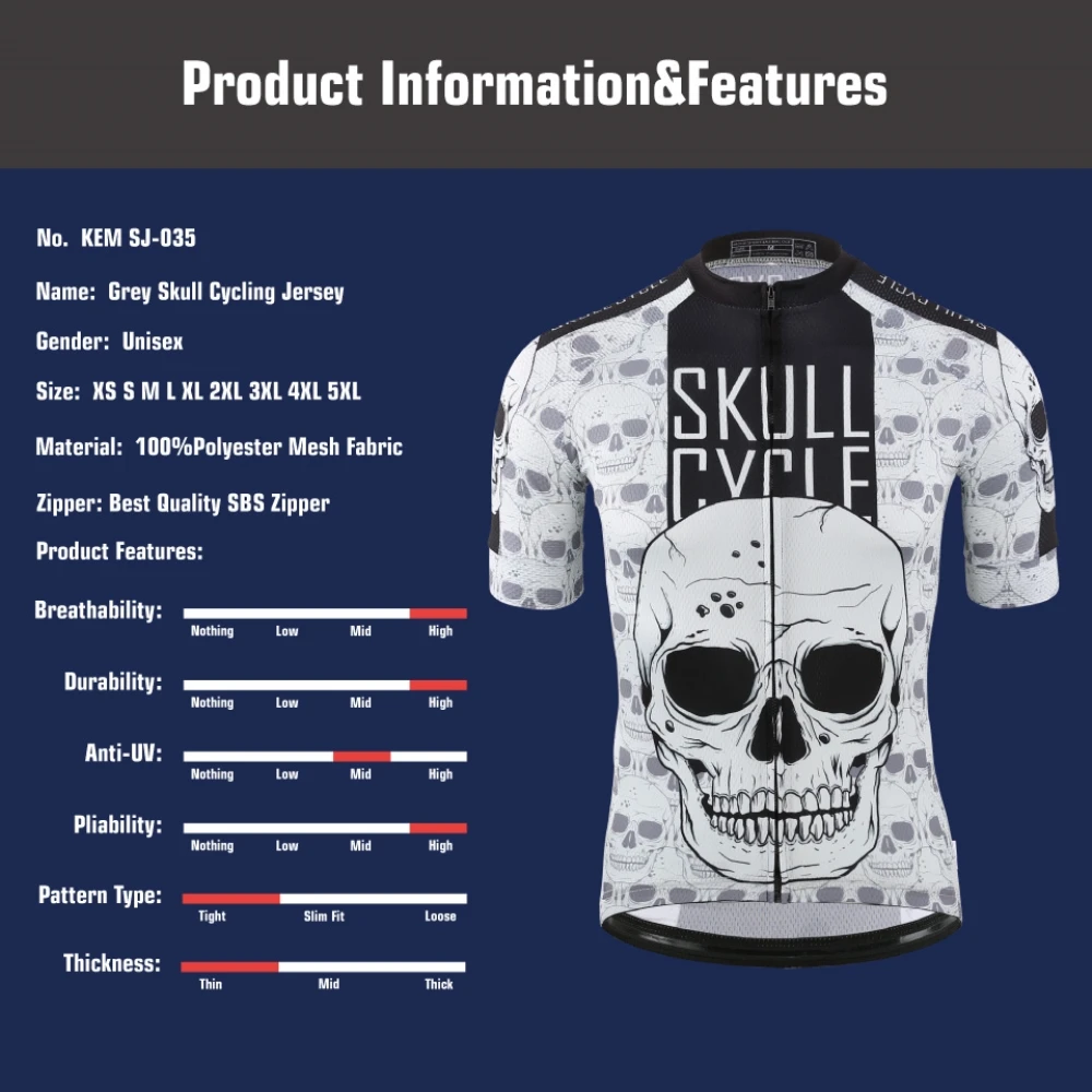 KEMALOCE Men Skull Reflective Cycling Jersey Bike Shorts Sun Protection High Quality Bike Clothing Set Retro Bicycle Suit Jersey