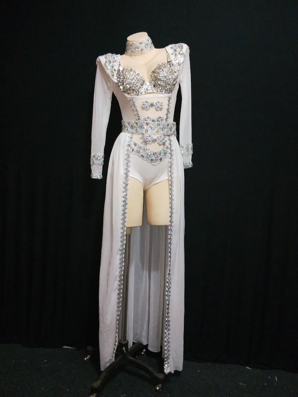 Shining Silver Rhinestones White Dance Outfit Bodysuit Long Tail CostumDancer Show Birthday Evening Prom Stage Leotard Skirt