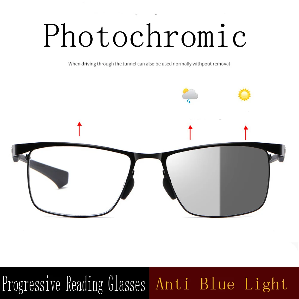 

Factory Direct Finished Men Progressive Multi-Focus Reading Glasses TR90 Frame Photochromic Presbyopic Glasses Anti-blue Light