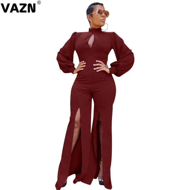 VAZN MOY5115 с круглым вырезом Новые однотонные открытые кружевные вечерние Клубные комбинезоны с длинным рукавом облегающие сексуальные женские бандажные длинные узкие комбинезоны