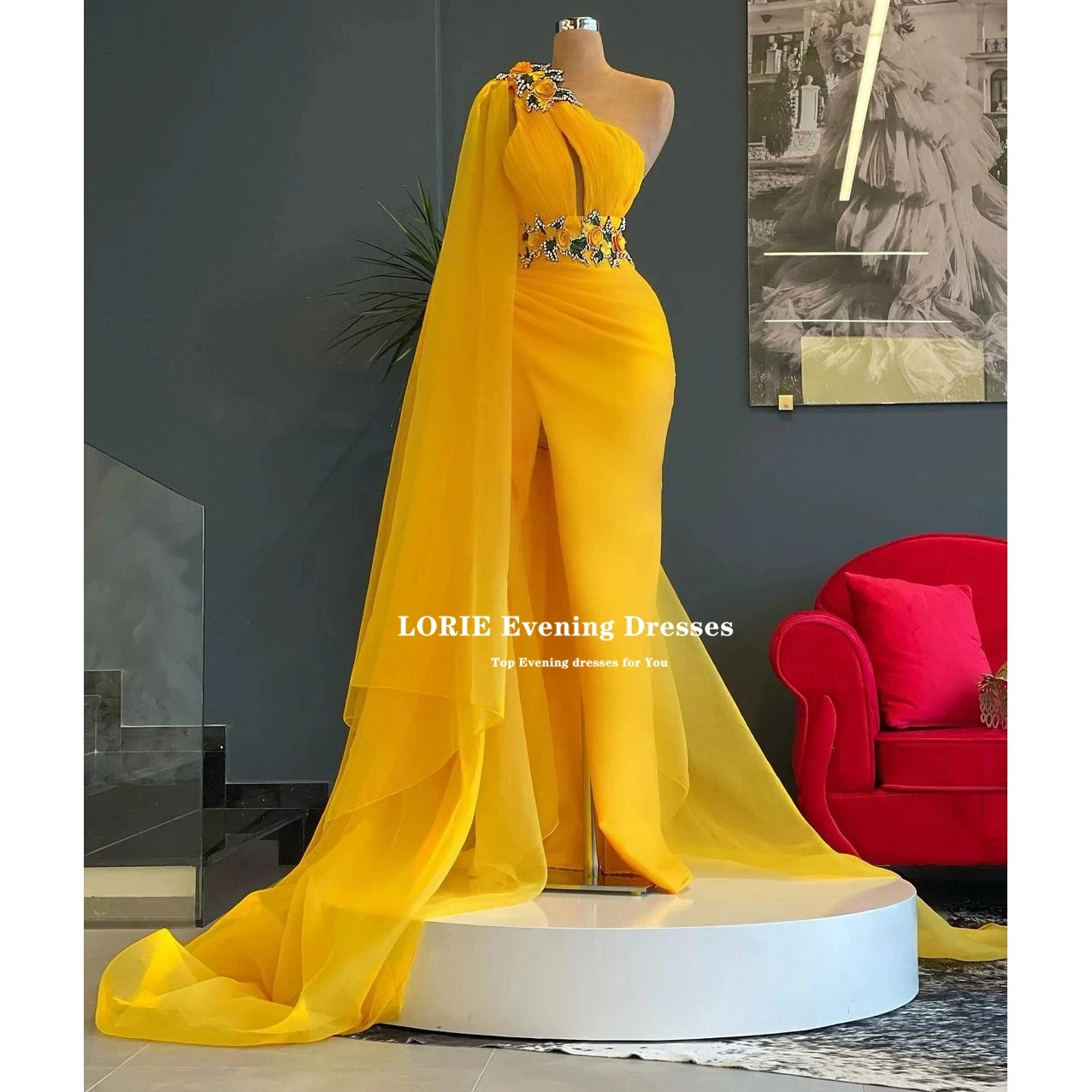 Lorie High Quality Yellow Prom Dress One Shoulder Appliques Slit Tulle Plus Size Women Long Formal Evening Party Elegant Gowns