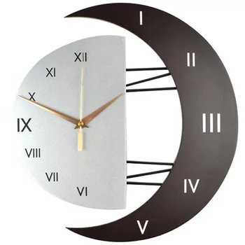 

Wall Clock Modern Design Hollow Wooden Moon Shape Mute Quartz Watch Wall Clock on the Wall Decoration for Home Hanging Clock-Moo