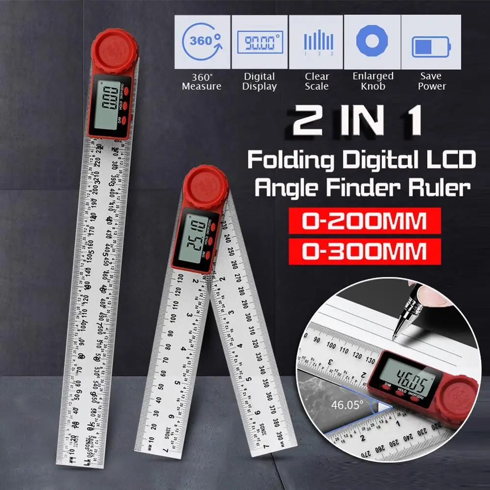 2 in 1 200MM/300MM Folding Digital LCD Angle Finder Ruler  360° Protractor Tool 